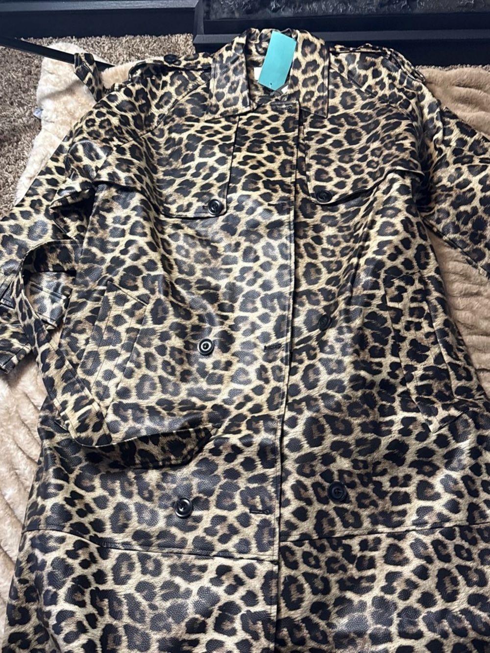 Warehouse Leopard Print Trench Coat - Black & Brown